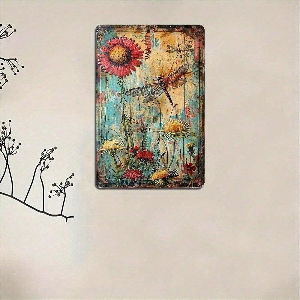 Vintage Wildflower Dragonfly Metal Wall Art 8x12 Inch Rustic Iron Hanging Decor for Home Garden Patio Cafe Bar Indoor Outdoor