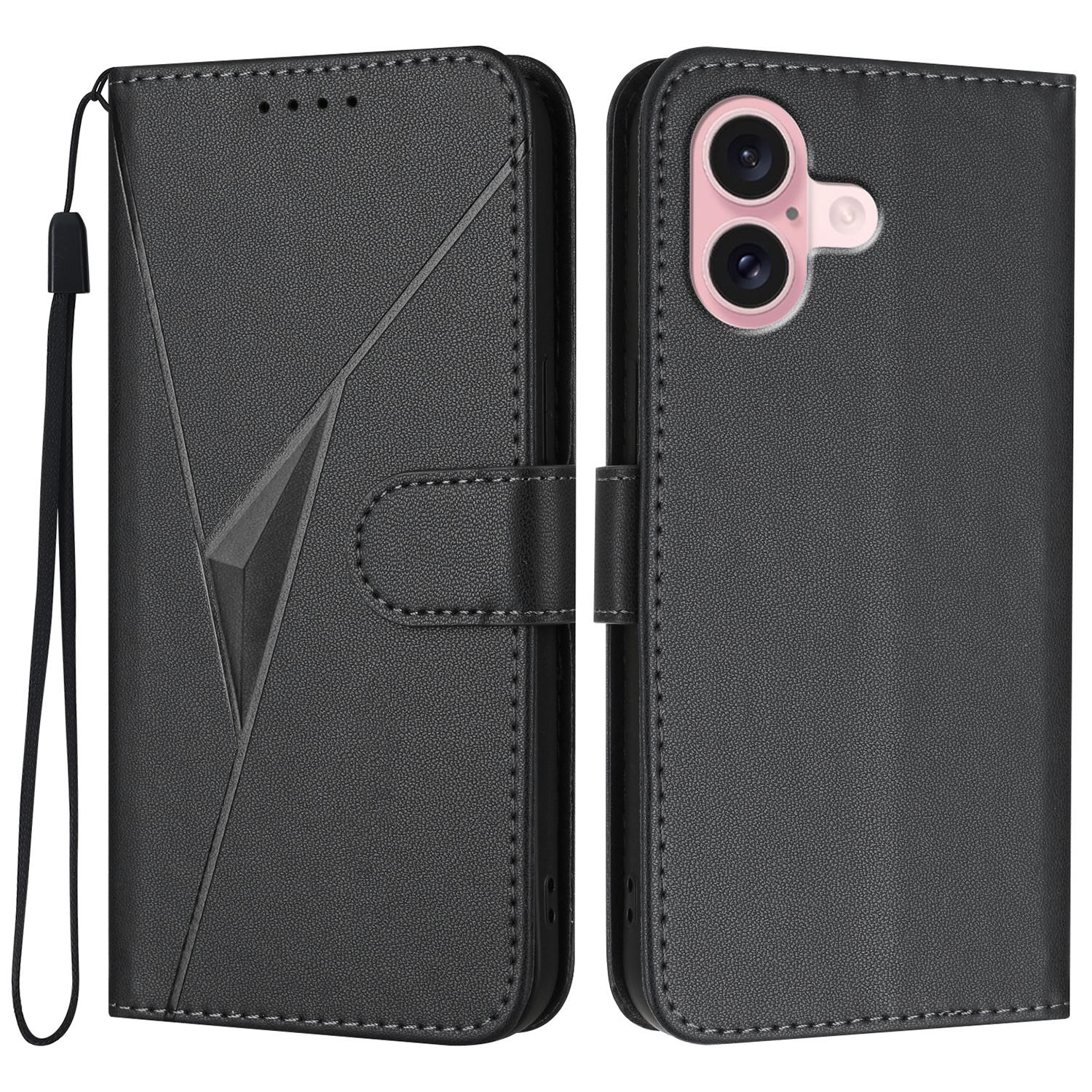 

YX0090 For iPhone 16 Case Triangle Imprint Leather Phone Cover with Lanyard - Red