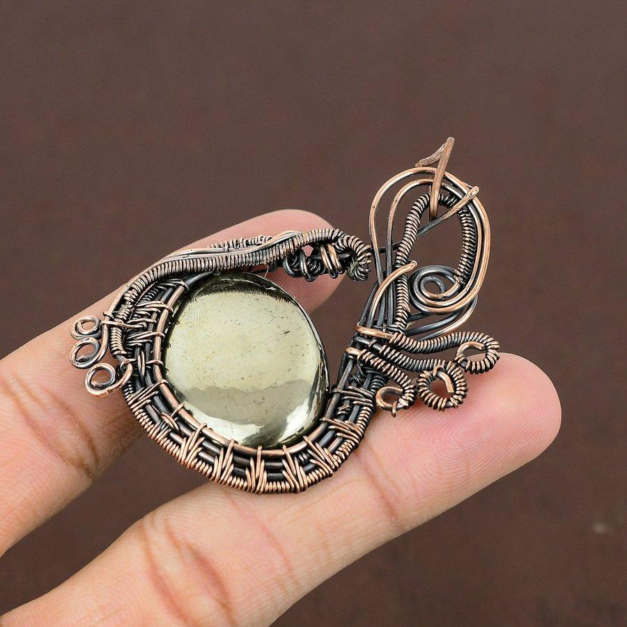 Natural Pyrite Agate Gemstone Handmade Copper Wire Wrap Pendant 2.76" F0I28