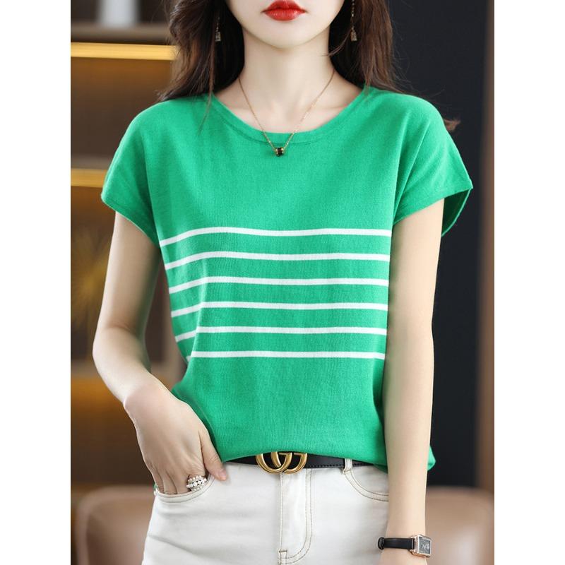 Pure Cotton Round Neck Striped Sweater T-shirt for Women In Summer New Simple and Versatile Short-sleeved Soft Top