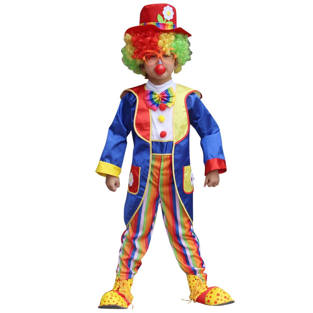 Kids Halloween Clown Costume Striped Jumpsuit Coat Top Hat Bowtie Carnival Performance Outfit