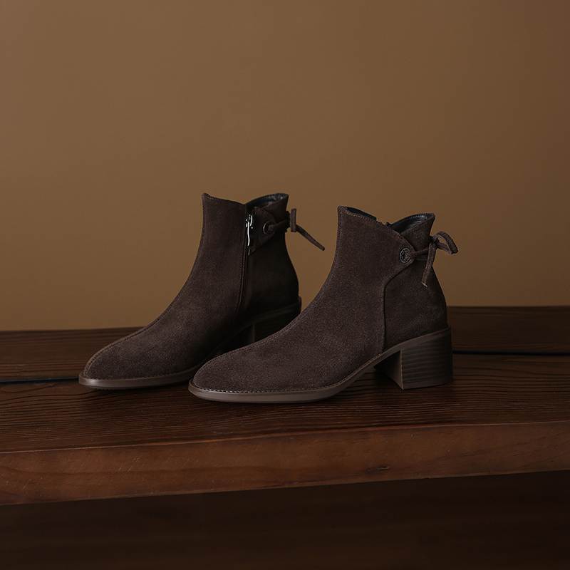 Krazing Pot Cow Suede Nubuck Round Toe Thick Heels Chelsea Boots Size 42 Slip on Women Butterfly-knot Ankle Boots