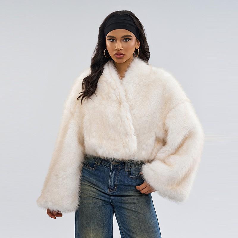 Womens Short Faux Fur Jacket Vintage Unique 2-Wear Plush Coat Fall Winter
