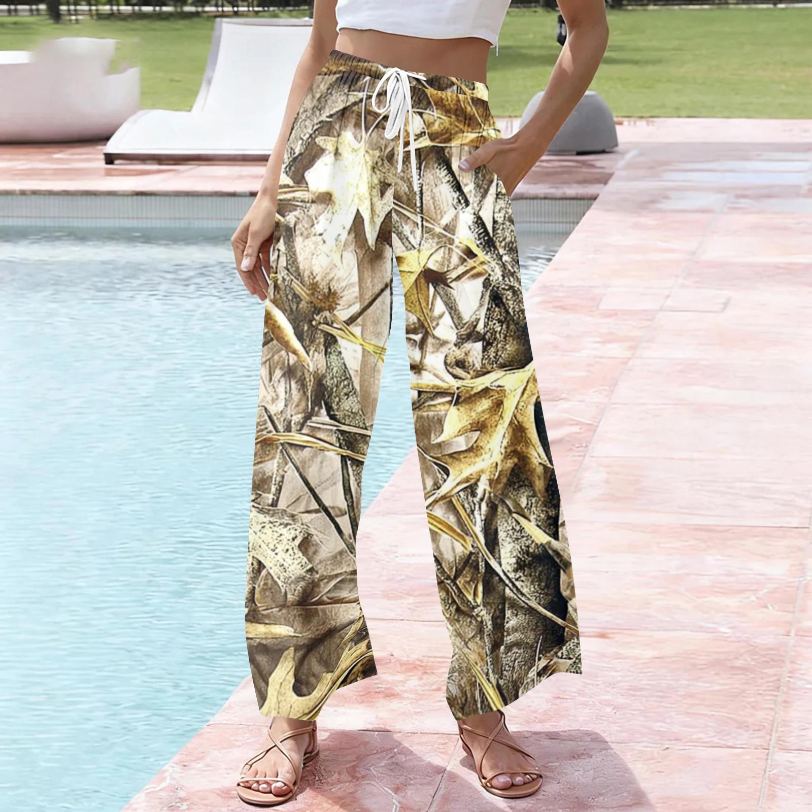 Women s Casual Printed Wide Leg Drawstring Pocket Beach Casual Pants L бронзовый