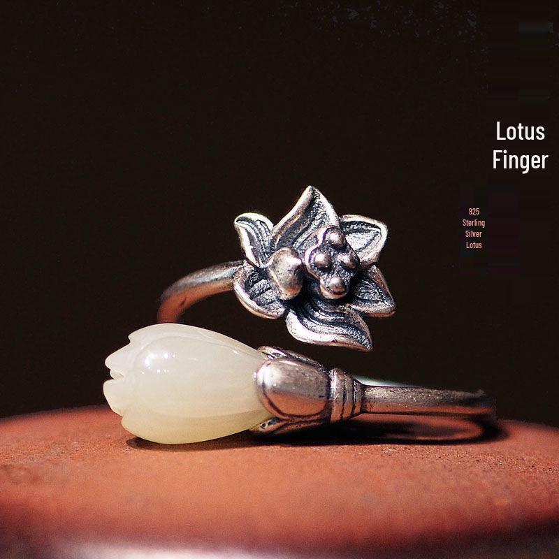 S925 Silver Forbidden City Magnolia Lotus Flower Adjustable Ring - Women s Personalized Carved Design