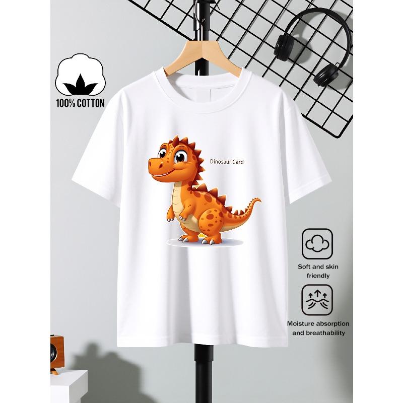 European sizes Boys' Cotton T-shirt Cute Orange Dinosaur with Spikes , Ideal for Outdoor Activities, Soft Knitted Top, Comfortable And Breathable