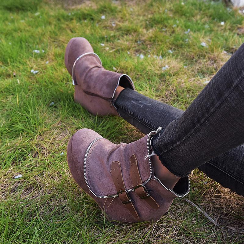 Hoge Hak Laarzen Vrouwen Enkel Wedges Dames Schoenen Nep Rits Gesp