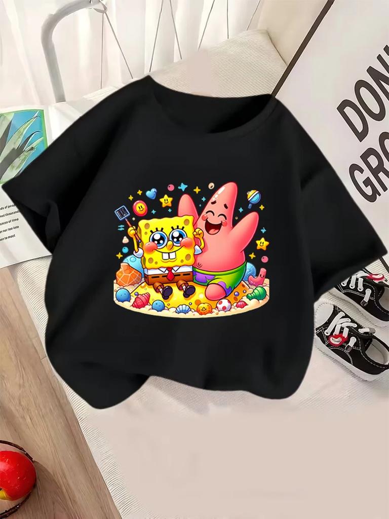 Lovable SpongeBob Short Sleeve T Shirt For Kids Summer Cute Cartoon Crewneck 3-14