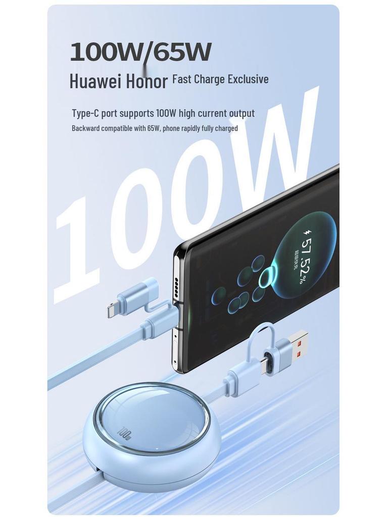 4-in-1 100W Retractable Fast Charging Cable, Compatible with Apple & Huawei.