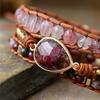 Vintage etniczny styl naturalny kamień truskawkowy kwarc 3-rzędowy skórzana linka krowia ręcznie pleciona bransoletka wrap