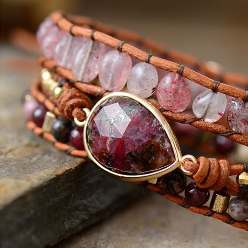 Vintage etniczny styl naturalny kamień truskawkowy kwarc 3-rzędowy skórzana linka krowia ręcznie pleciona bransoletka wrap