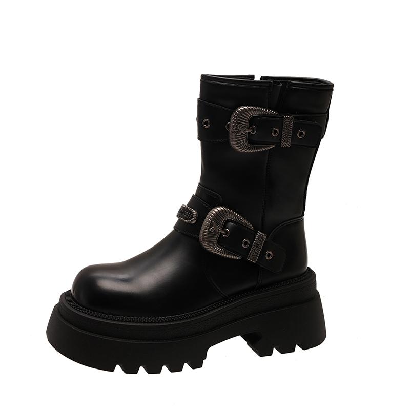 fashion women's boots round toe mid heel shoes for women outdoor fashion platform shoes zip metal decoration mid-calf goth modern boots