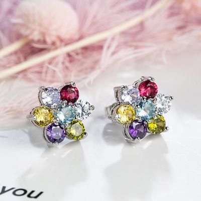 Fashionable Flower Colored Zircon  Sterling Silver Stud Earring Exquisite Earrings for Women Fashion Wedding