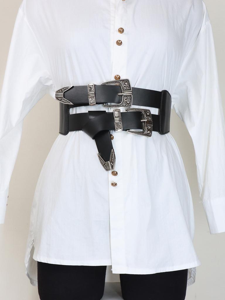 Women's PU Belt Retro Carved Alloy Buckle Double-Row Belt Wide Belt Versatile Jeans Clothing Accessories