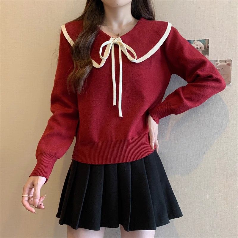 Loose top women's large size new foreign style college style age-reducing sweater doll collar versatile