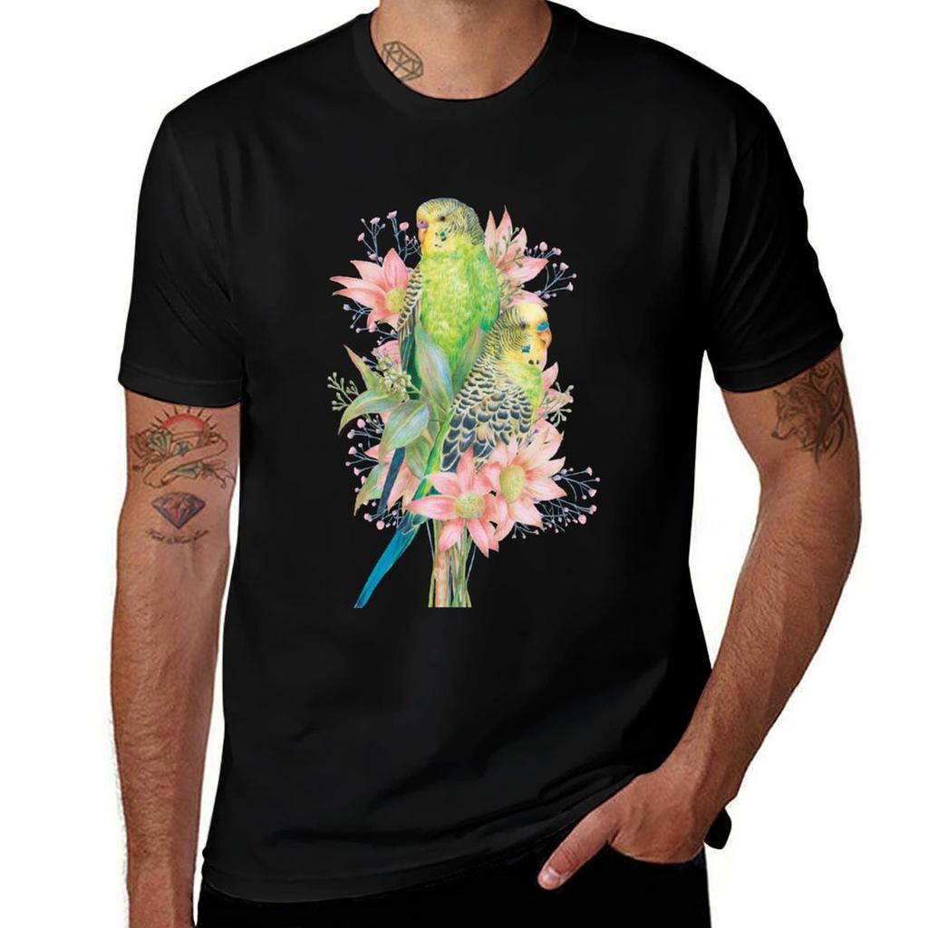 Australian Budgerigarsbudgies Floral Birds Tshirt Cotton T Shirts High Quality T Shirt Unisex Cotton Tshirt