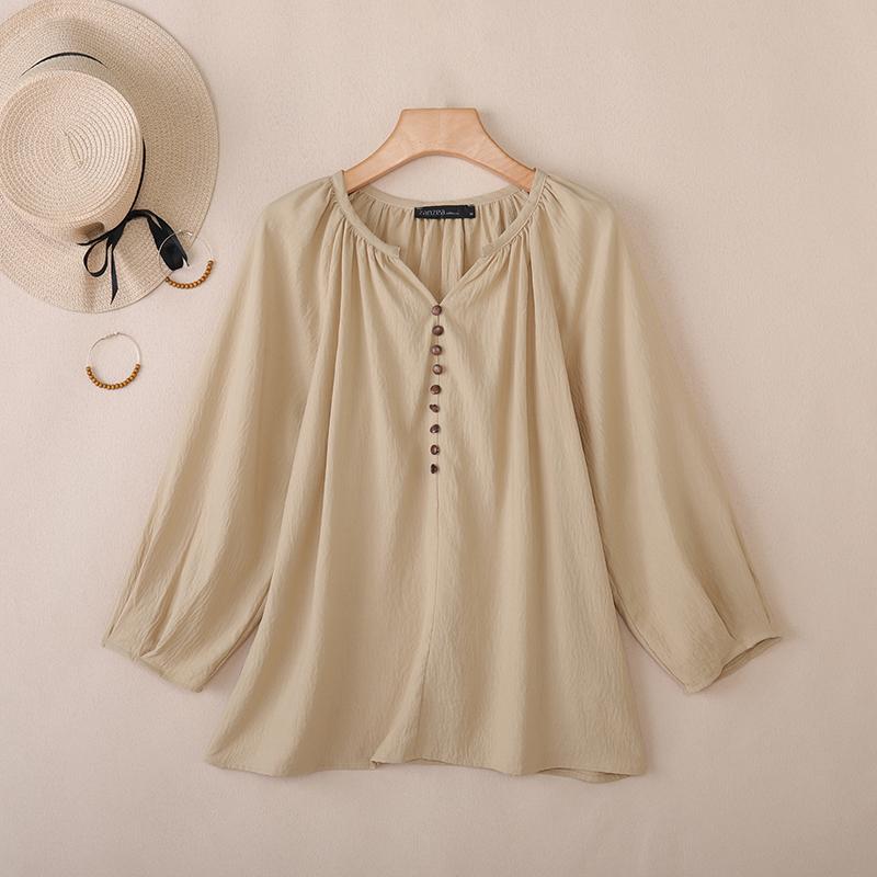 ZANZEA Women Casual V-Neck Solid Color Loose 3/4 Sleeve Blouse