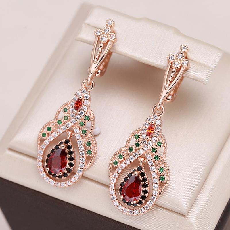 New  Rose Gold Color Drop Earrings For Women Crystal Flower Red Natural Zircon Earrings For Women Vintage Jewelry