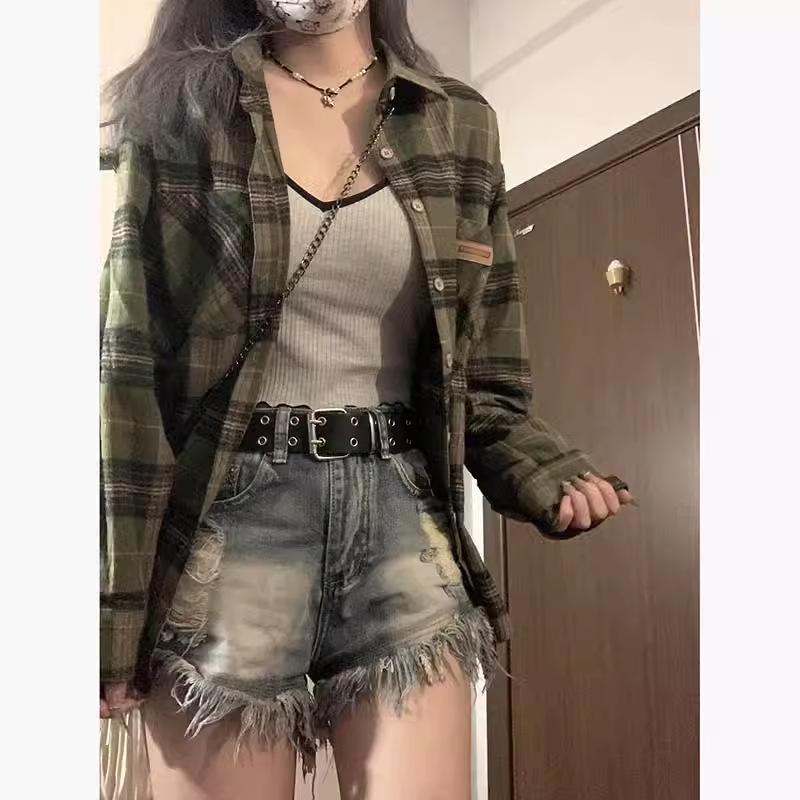 2024 Women's Retro Green Plaid Shirt Jacket - Spring/Autumn Design