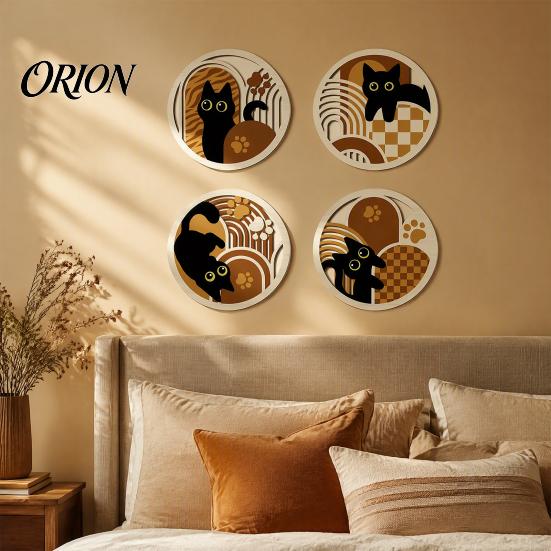 Hollow Wood Wall Ornaments 4Pcs Wooden Cat Decor, 2D Flat Geometric Art Prints Indoor Hanging Sets Art, Modern Minimalist Signs for Living Room