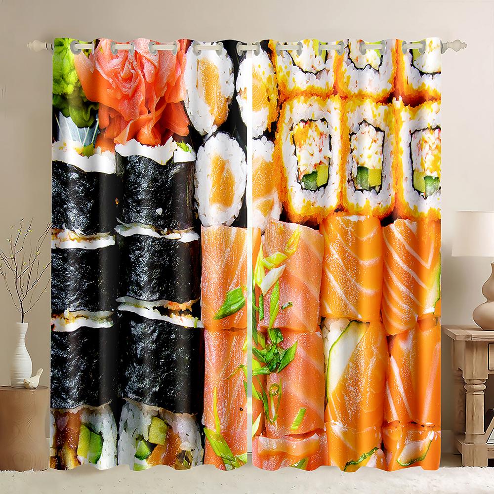 Funny Japanese Food Sushi Print Curtains for Kids Living Room Bedroom Kitchen Window Drape Right Biparting Open Drapes 2 Panels