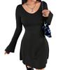 Korean Simple Style Solid Color V-neck Horn Sleeve Slim and Thin Knitted Dress Women's Spring and Summer New Models