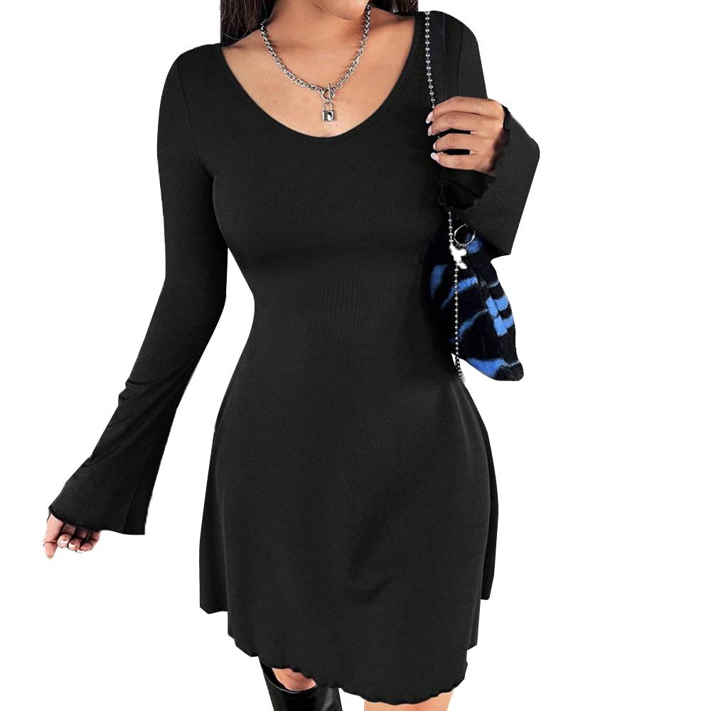 Korean Simple Style Solid Color V-neck Horn Sleeve Slim and Thin Knitted Dress Women's Spring and Summer New Models