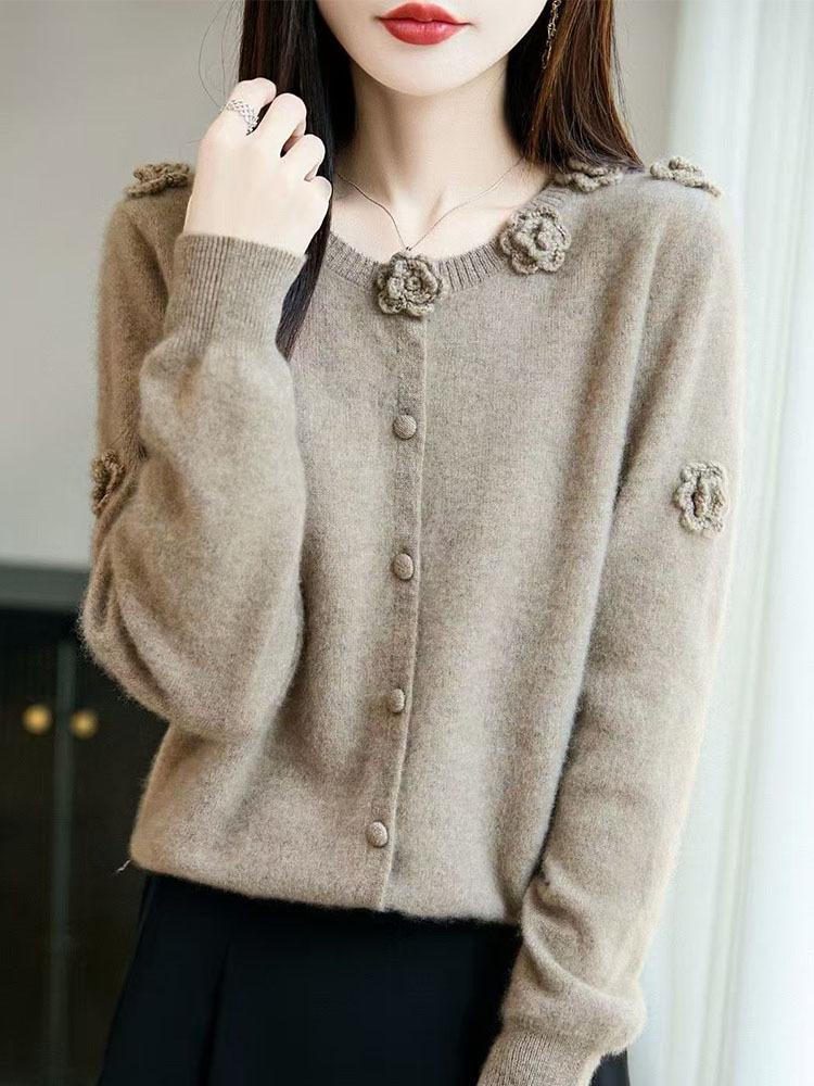 2025 Women's Hand-Crocheted Wool Sweater - Nine Roses Cardigan, Round Neck, Long-Sleeved Coat