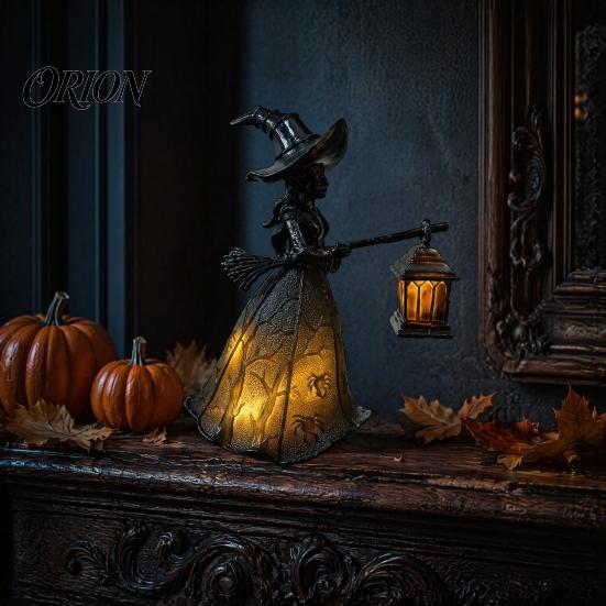 Gothic Halloween Decorations Witch Holding Lantern Light, with Spider Web Pattern Decor, Retro Party Supplies Style Resin Glowing Sculpture,