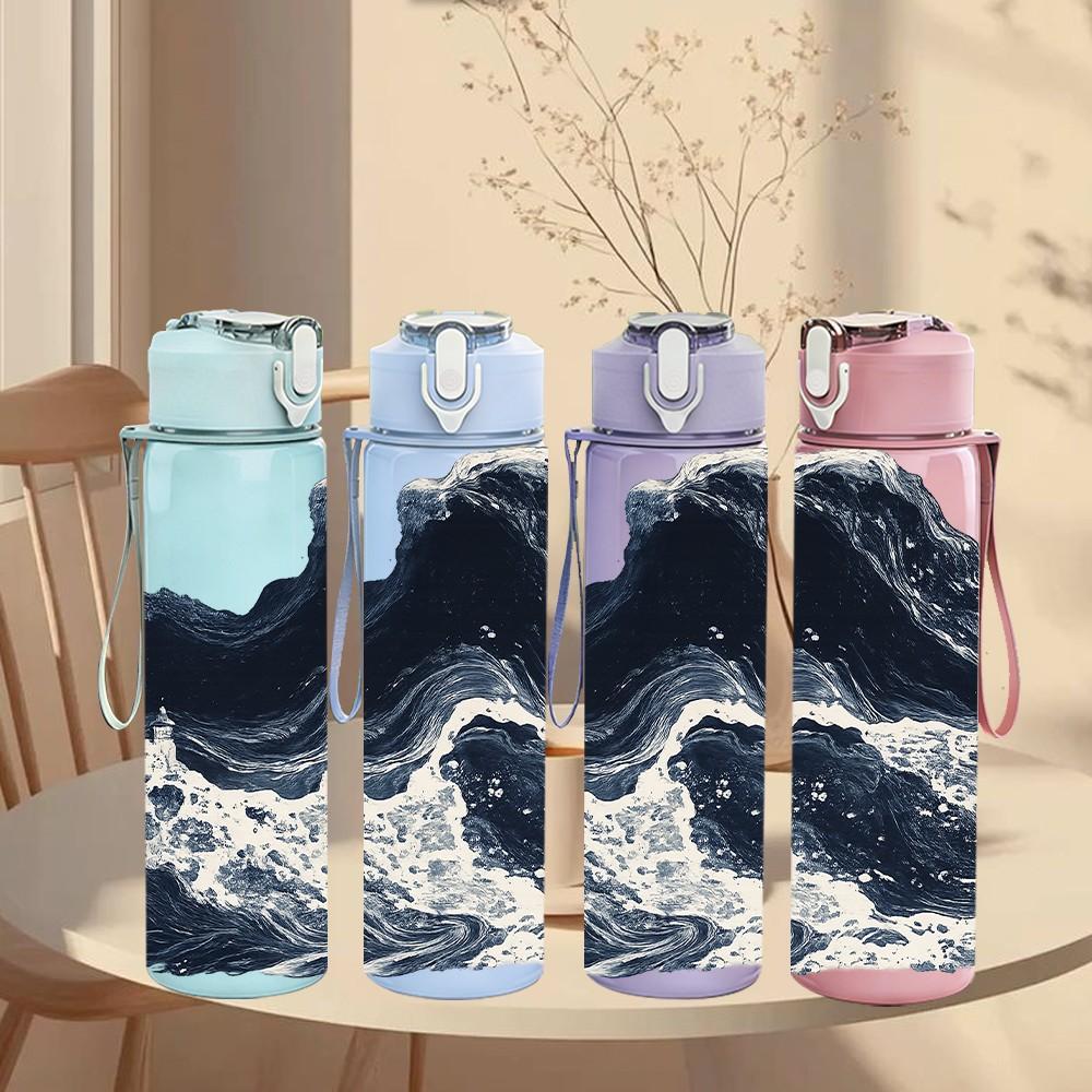 1PC Dark Ocean Wave Seascape Art Print 750ml Color Plastic Sports Water Bottle Leakproof Flip Straw Lid Suitable for Sports Office Home Use