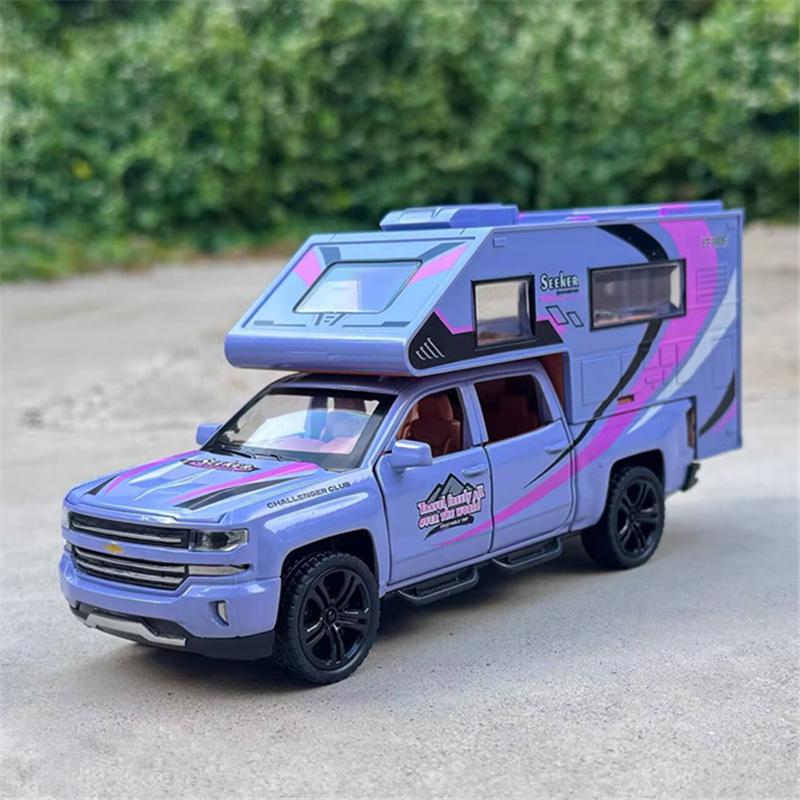 1/32 Chevrolet Silverado Pickup RV Recreational Vehicles Car Model Diecast Camper Van Motorhome Touring Car Model Sound Light Kid Toy Gift