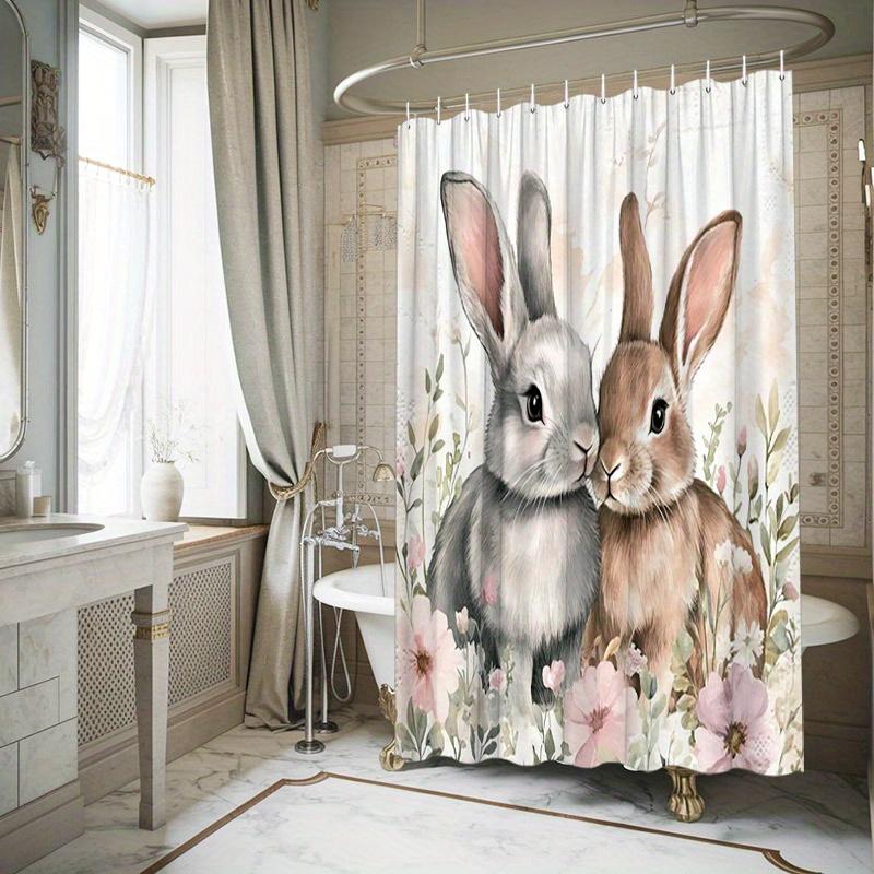 Adorable Rabbits & Floral Garden Shower Curtain - Whimsical Polyester, 12 Hooks, Washable & Easy to Hang, Playful Bathroom Decor