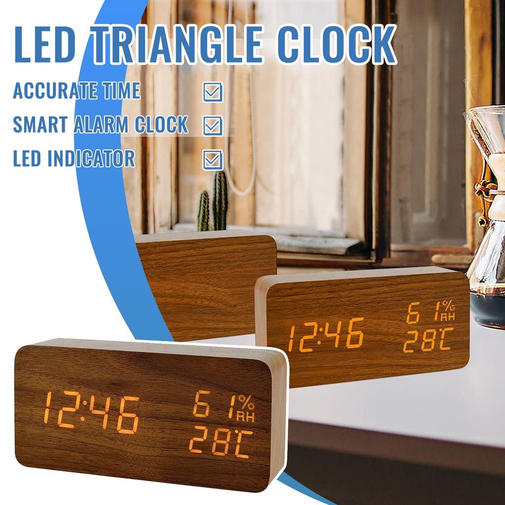 Multifunctional Digital Wooden Alarm Clock with LED Display Temperature Humidity Monitor and Adjustable Brightness for Bedroom Office