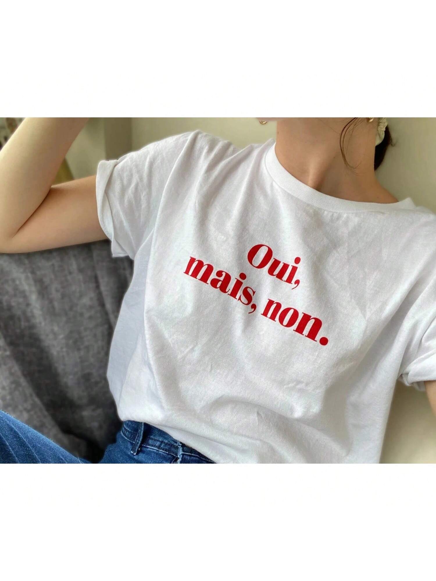 OUI MAIS NON French Print T-Shirt Minimalist Style Casual Short Sleeve Crew Neck T-Shirt For Spring Summer Wounisex Clothing S разноцветный