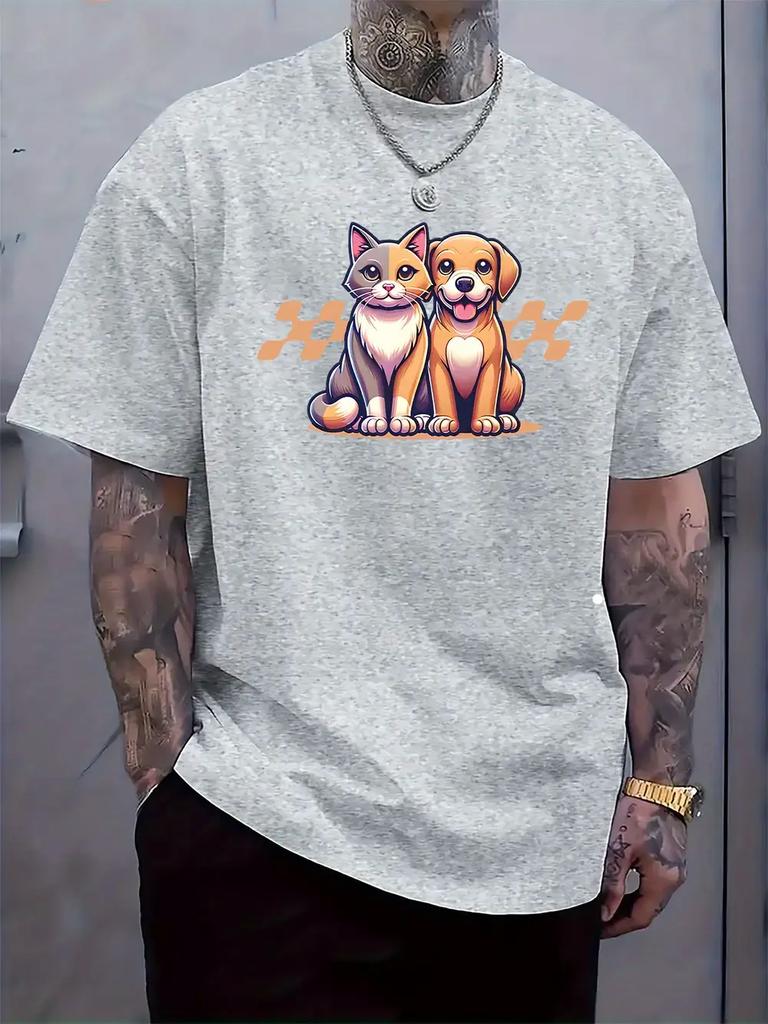 Round Neck Short-Sleeve T-shirt with a Cute Pet-Friendly Pattern