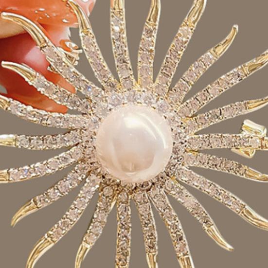 Damenbrosche Hochglanz Strassstein Perlmutt-Einlage Funkelndes Sonnenblumen-Design Reversnadel Glatte Polierte Kante Schalabzeichen Kleidung Taschen Accessoires