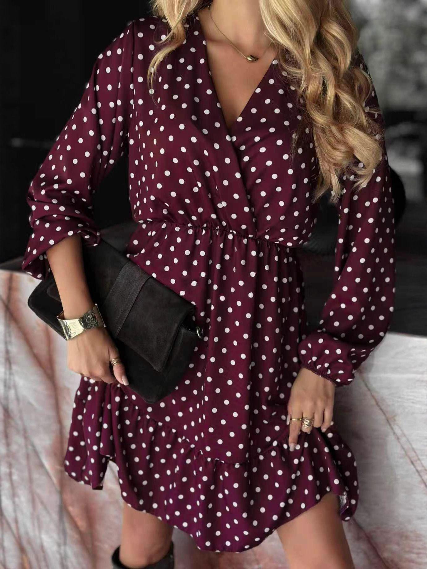 Polka Dot V-Neck Long Sleeve Midi Dress with Elastic Waist - Women s Fashion L бордовый