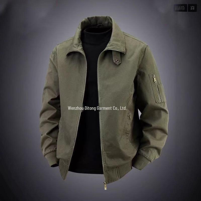 Men's Retro Pilot Lapel Cotton Jacket - Solid Color, Plus Size, Spring/Autumn Workwear Style