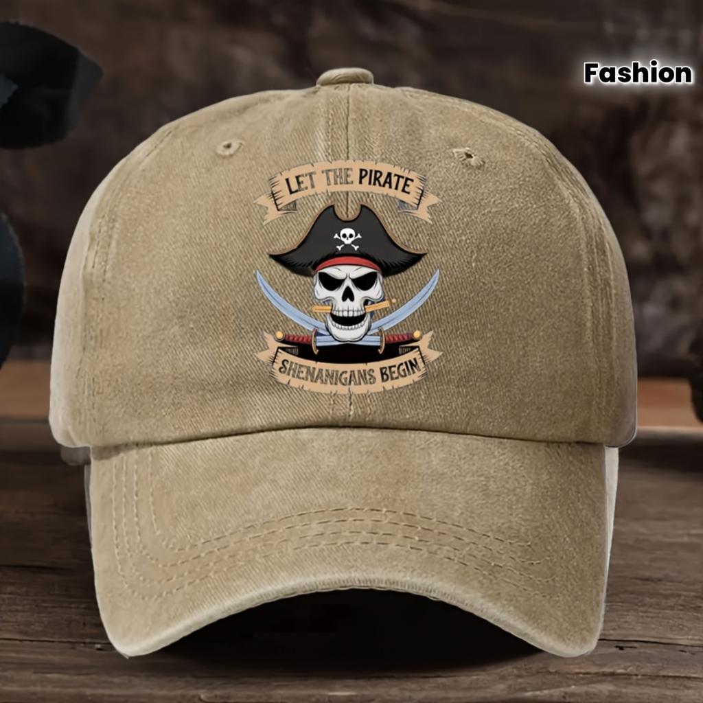 Vintage Pirate Print Adjustable Baseball Cap  Khaki Outdoor Sun Visor with Let the Pirate Embroidery Stylish Menapos