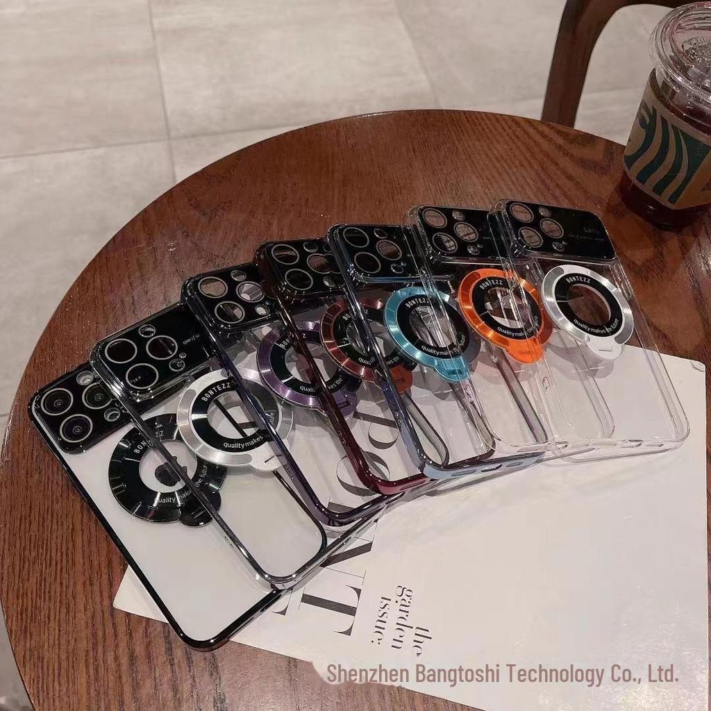 Magnetic Electroplating Clear Case for iPhone 15 Pro Max with Lens Film and New Style Bracket