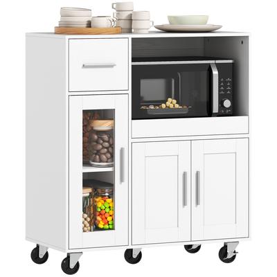 Keukenkast op Wielen, Mobiele Keuken Kast met Planken, Lades, Verstelbare Plank, Kabelgat, Wit