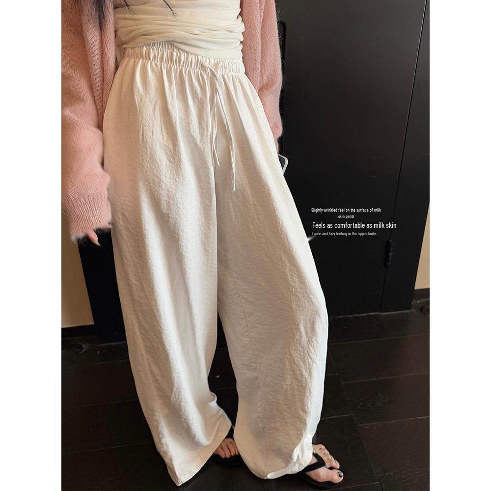 Superniniyy Wrinkled Texture Drawstring Wide-Leg Casual Pants for Women