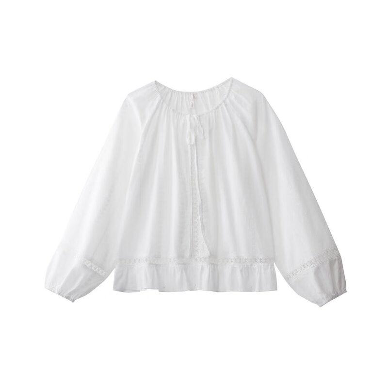 INMAN Women s Pure Cotton French Hollow Embroidered Loose Long-Sleeve Shirt M