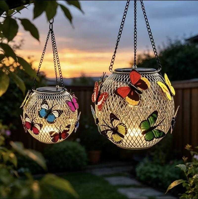 Solar Powered Hanging Lantern, Metal Mesh LED Butterfly Light, Waterproof Outdoor Garden Patio Yard Decor, Warm White & Multicolor Night Lamp
