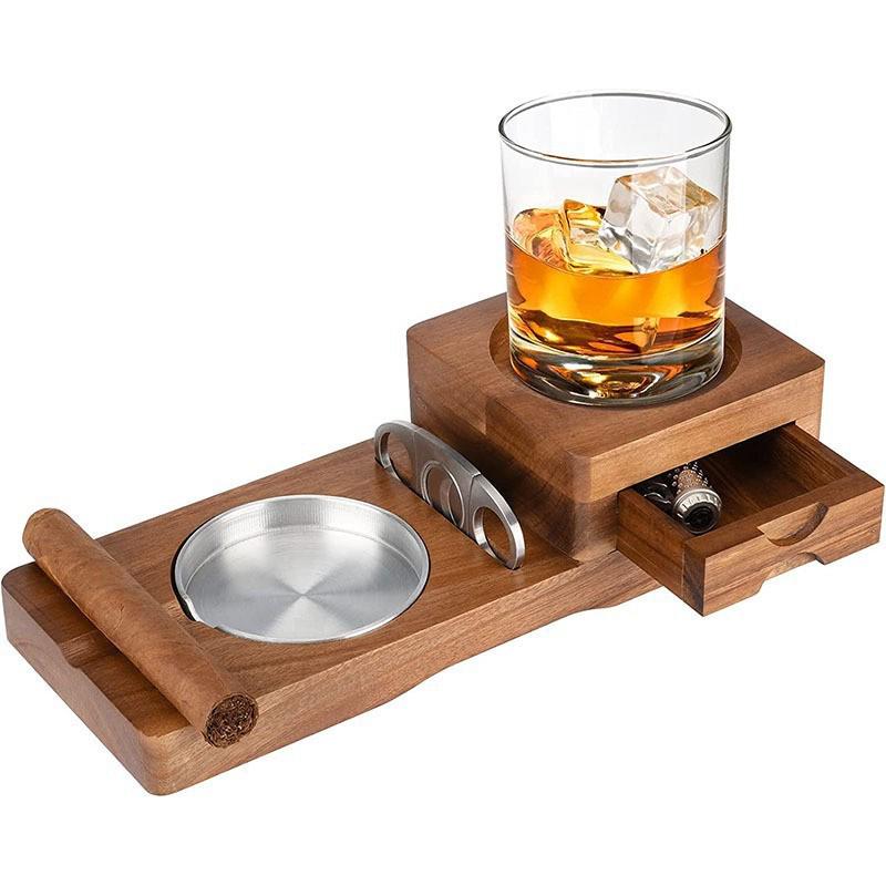 Wooden Cigar Ashtray & Coaster with Cup Holder and Wine Glass Rack