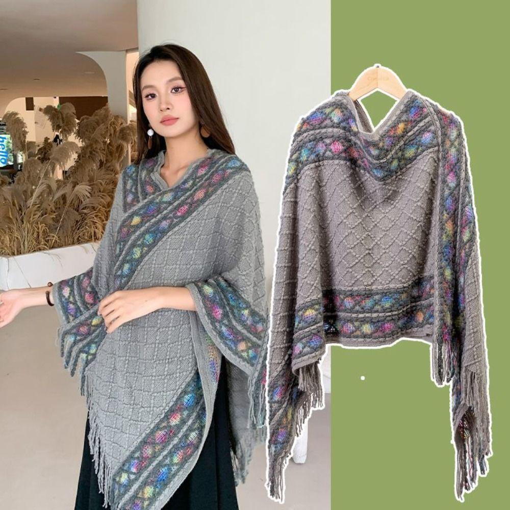 Rhombic Ethnic Style Scarf Stripe Tassel Scarves Large Knitted Cape  Outdoor