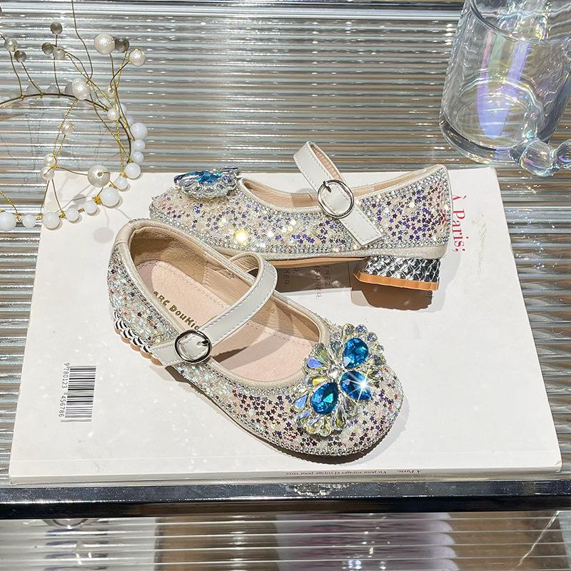 Children's high heels season children's foreign style rhinestone princess shoes children's shiny crystal soft-soled shoes