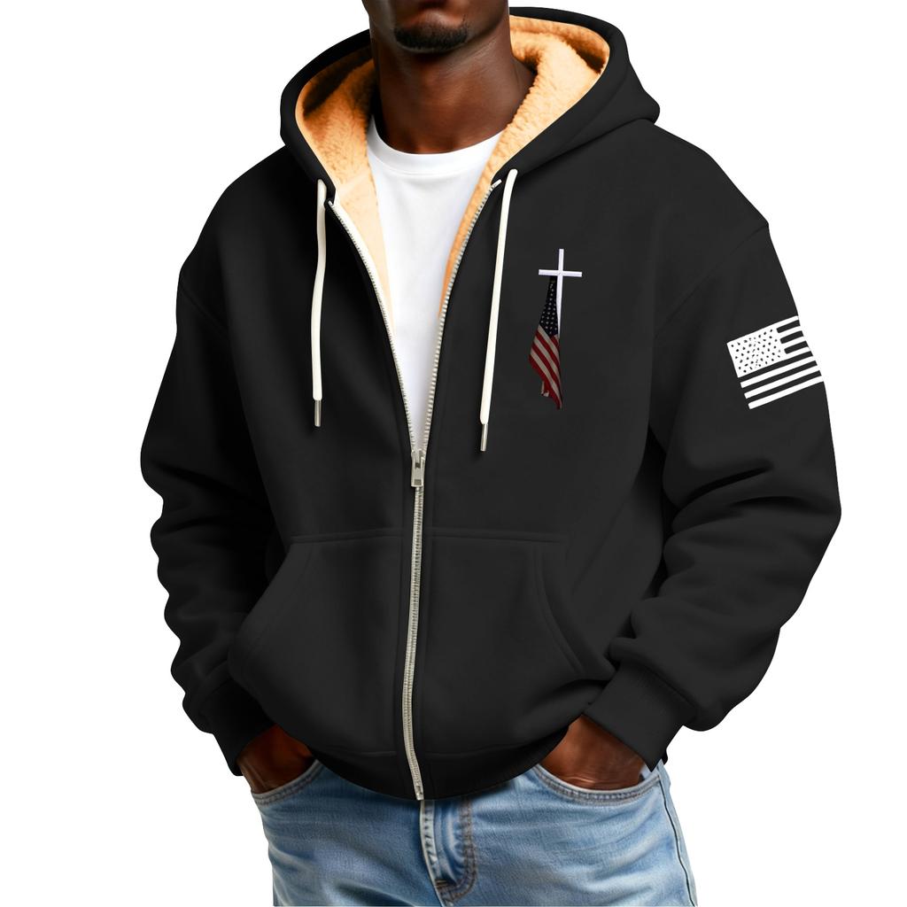 Men's Flag Print Fleece-Lined Zip-Up Pocket Hooded Sweatshirt Cardigan Men's Casual Sweatshirt Cardigan
