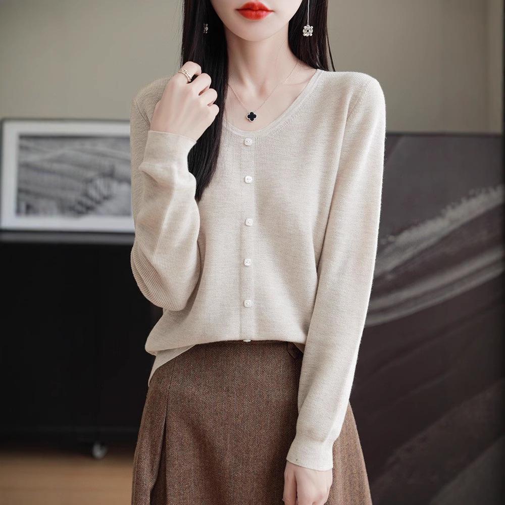 Women's 100% Fine Wool V-neck Loose Cardigan - Single-Breasted Solid Color, Casual Fashion