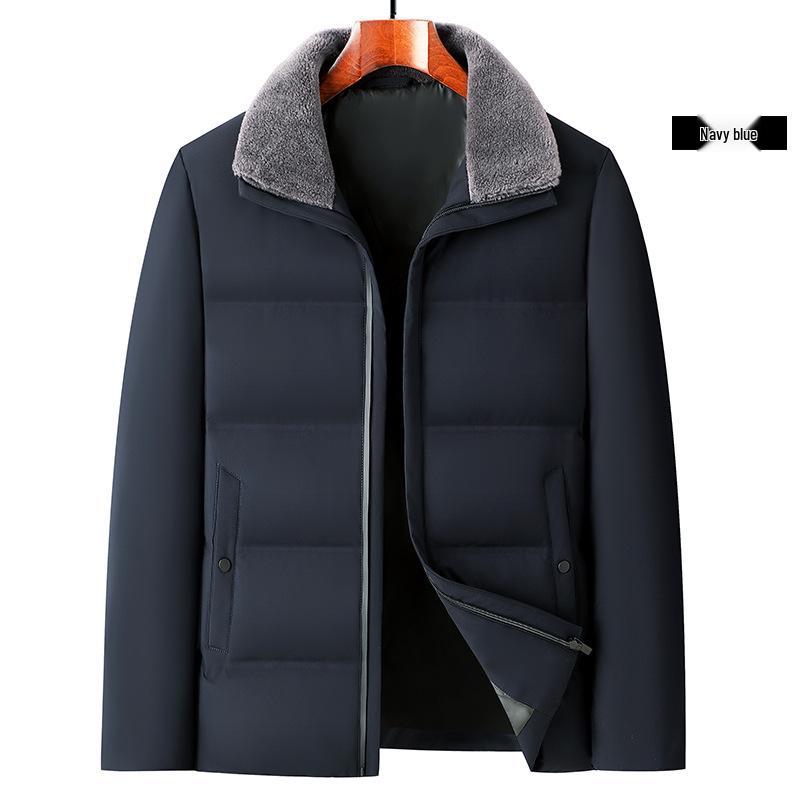 

National Standard White Duck Down Coat with Sheep Wool Lapel, Cold-Proof, Thickened, for Middle-Aged and Elderly Men, Winter Warm Jacket 175 тёмно-синий